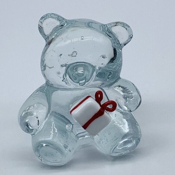 Murano Other - Vintage Art Glass Clear Bubbled Teddy Bear With Present Paperweight Figurine 3”T